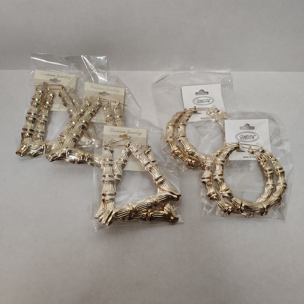 3' Wide Lot Of 5 Hoop Gold Hip Hop Bamboo Fashion Costume Earrings Statement